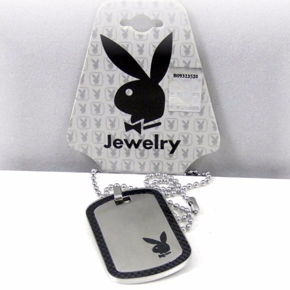 PLAYBOY Other - Mens Playboy Necklace Bunny Pendant Dog Tag Stainless Steel Black Carbon Fiber